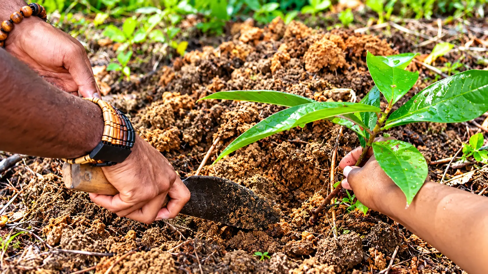 An adult’s hands using a wooden-handled trowel to work loose soil around a young sapling held upright by a child’s hand, its green leaves covered in water droplets, in a garden bed with blurred foliage behind