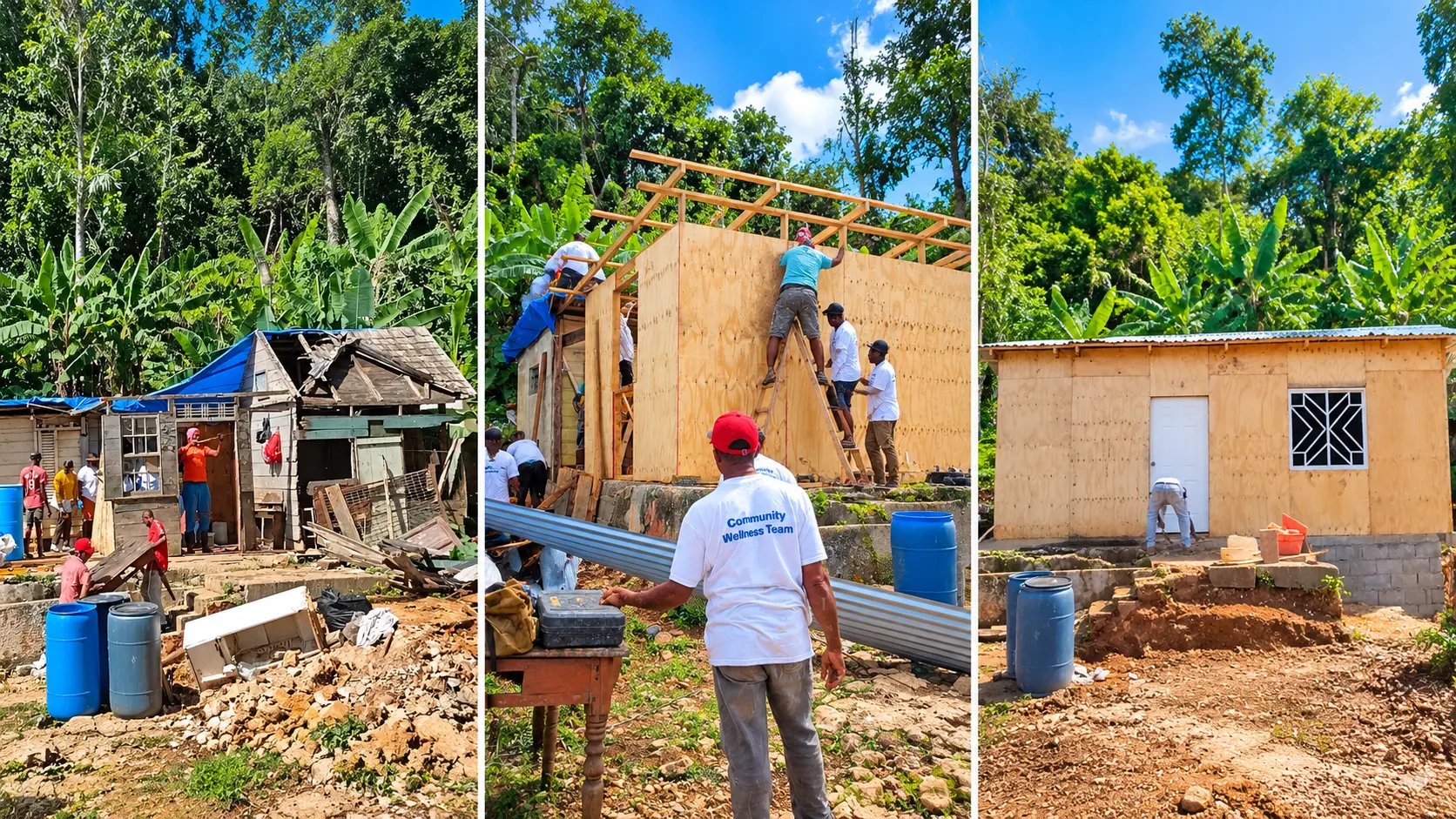 Three photographs of a Jamaican home rebuilt after Hurricane Melissa — the destroyed wooden structure with debris and blue barrels, volunteers in Community Wellness Team shirts framing the new building, and the finished plywood house on a concrete block foundation