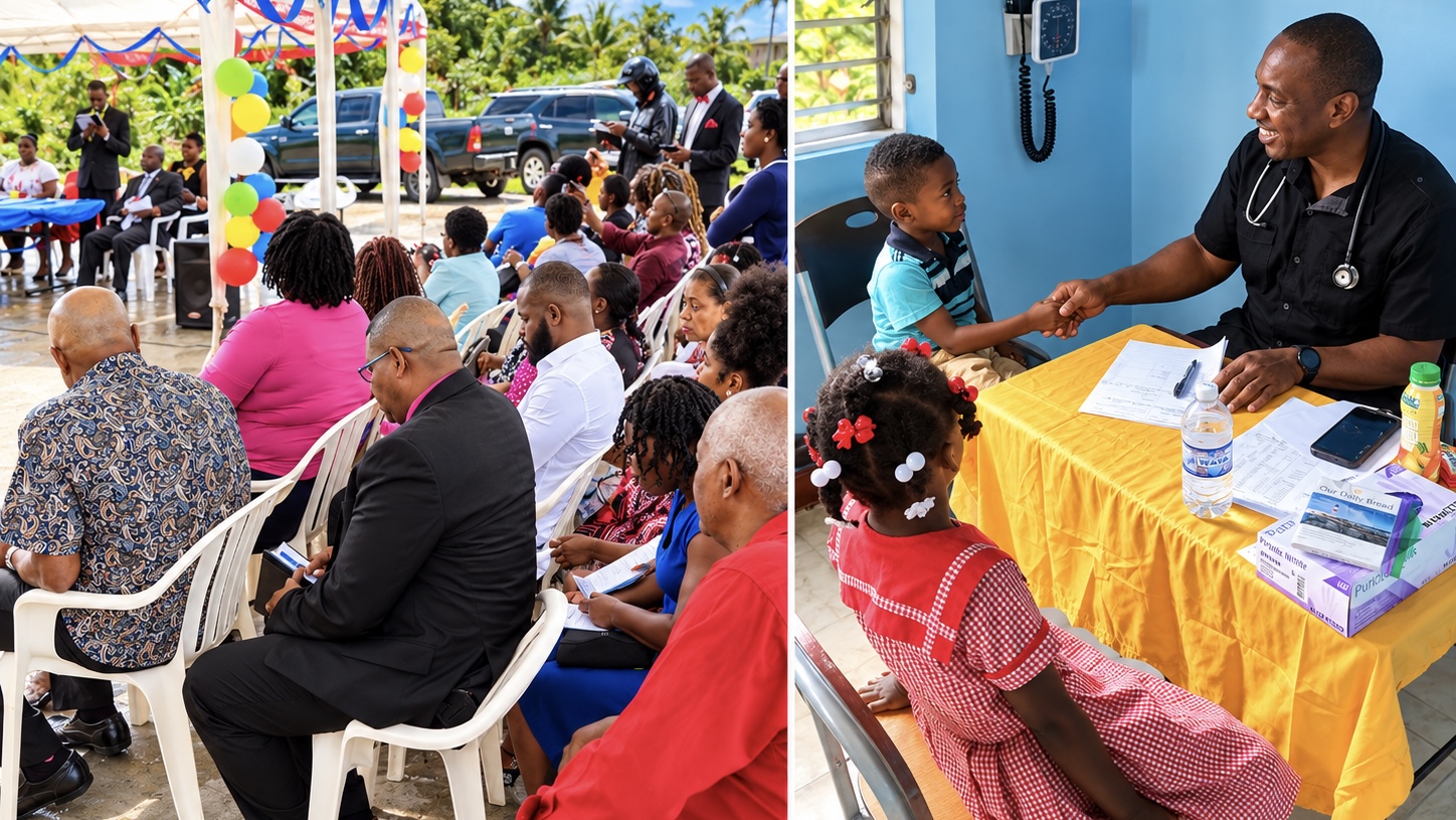 Two photographs from the Bunkers Hill Community Health Center — guests seated for a dedication ceremony under a balloon-decorated canopy, and a clinician shaking hands with a smiling boy in a clinic room