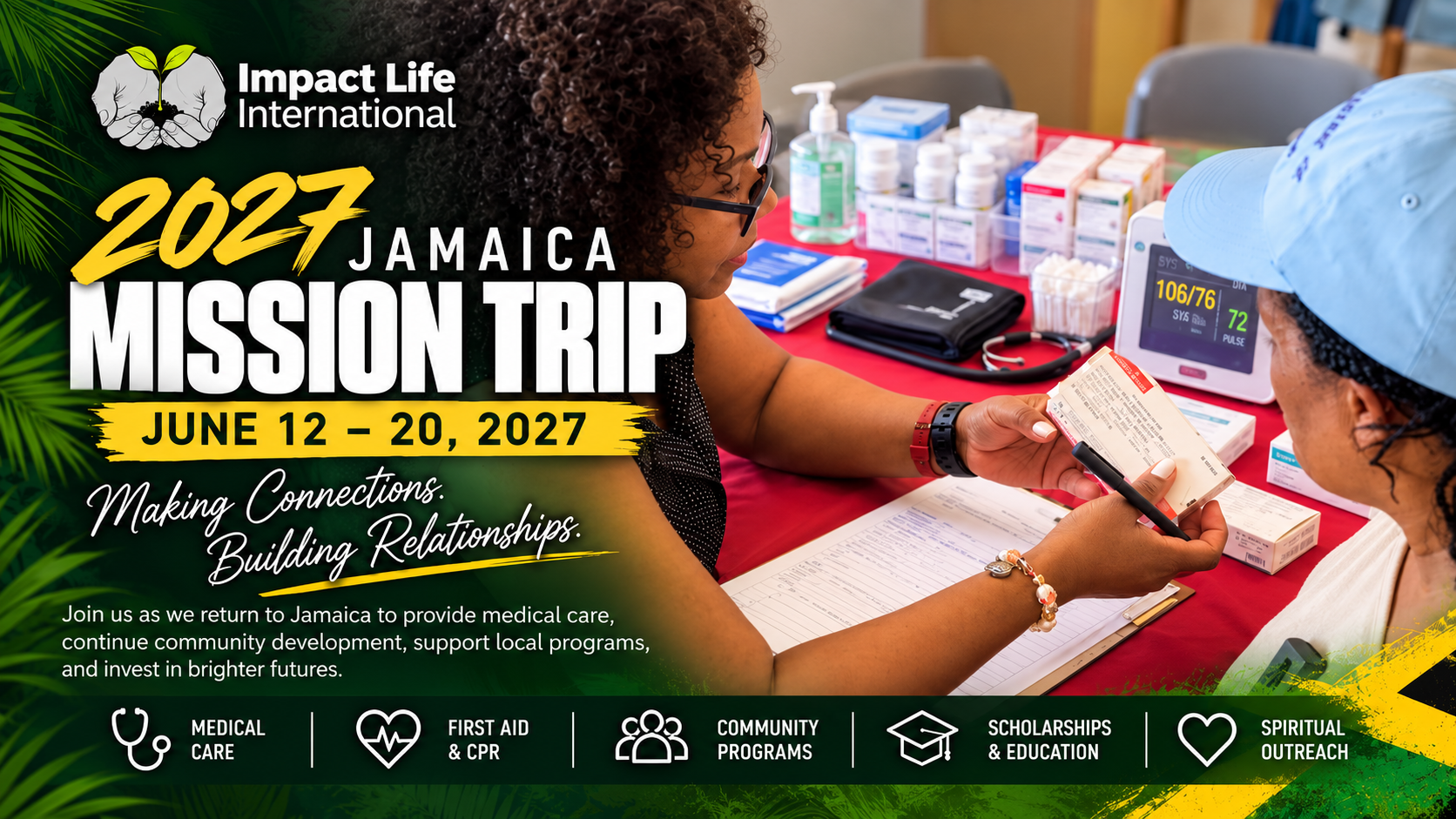 Announcement graphic for the 2027 Jamaica Mission Trip, June 12 to 20, 2027 — a volunteer in glasses reading the label of a medication box with a woman in a light blue cap at a clinic table with a blood-pressure monitor showing 106/76, with the Impact Life International logo, the headline 2027 Jamaica Mission Trip, the tagline Making Connections. Building Relationships., and icons for medical care, first aid and CPR, community programs, scholarships and education, and spiritual outreach