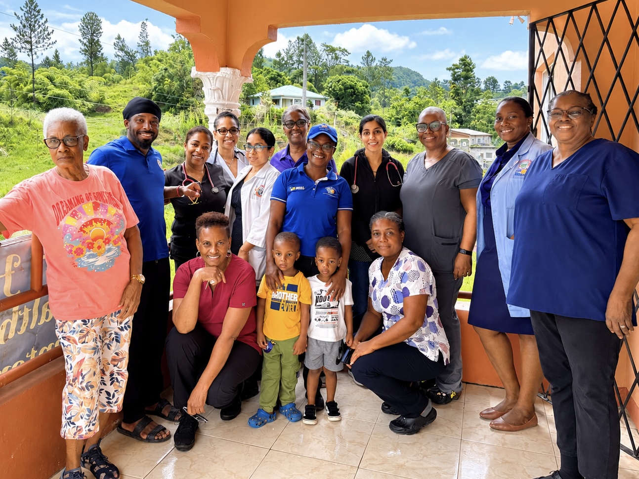 A mission team of healthcare volunteers and local residents, including two children, pose together on a tiled porch overlooking green hills
